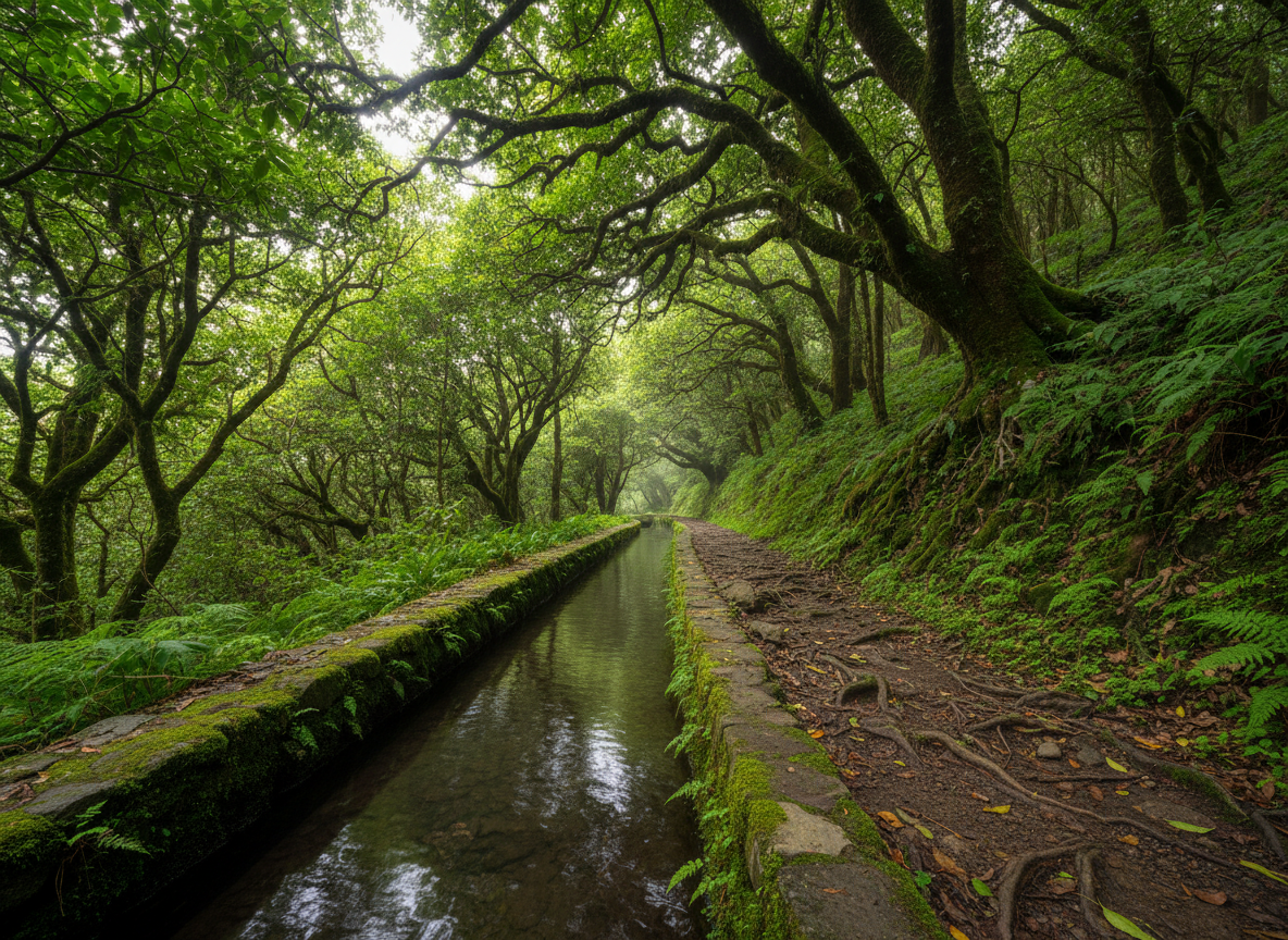 A narrow levada irrigation channel in Madeira cutting through lush, dense laurel forest, captured in immersive photographic realism. The stone-lined waterway snakes gently along the left side of the frame, filled with crystal-clear running water that reflects deep greens. Moss-covered walls, ferns, and tangled roots surround it, while towering trees with glossy leaves form a natural canopy overhead. Soft, filtered forest light streams in shafts through the foliage, creating dappled patterns on the path beside the levada and a cool, refreshing atmosphere. A subtle mist hangs in the distance, suggesting higher altitude. Shot from a slightly low, forward-facing perspective along the path, with a natural leading line pulling the viewer deeper into the scene. The mood is tranquil, adventurous, and inviting for nature-focused travelers seeking hidden Madeira experiences.