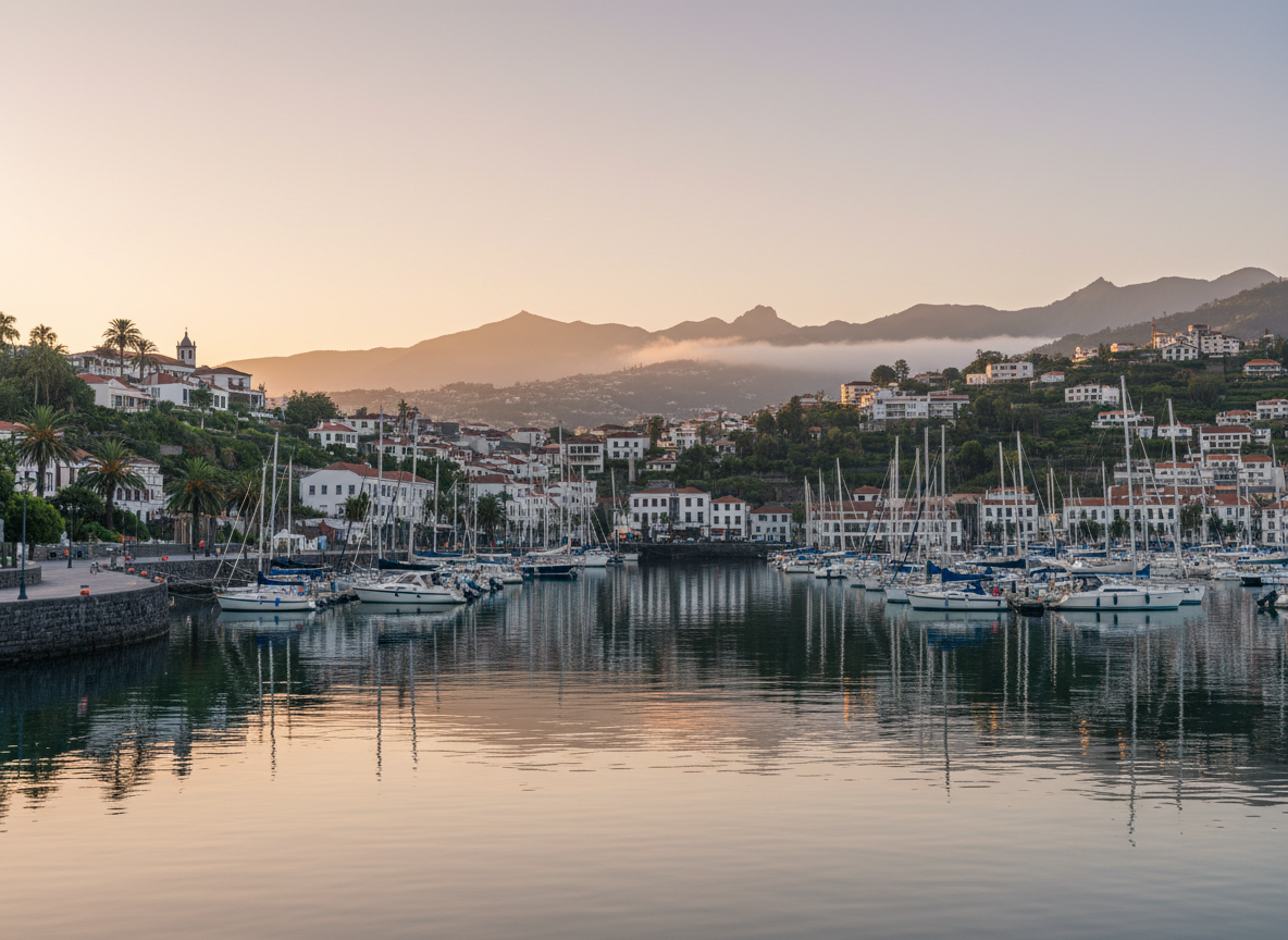 A high-resolution, eye-level photographic view of Funchal’s harbor at sunrise, without any visible people, focusing on the interplay of architecture, sea, and mountains. Neatly aligned sailboats and small yachts rest on calm water that mirrors the pastel sky, while the terraced city with white buildings and terracotta roofs rises behind them up the green hillside. Early morning light bathes the scene in soft peach and gold, creating delicate reflections and subtle shadows that emphasize the layered urban landscape. Low mist lingers around the distant peaks, adding depth and sense of scale. The composition uses leading lines from the harbor wall and boat masts to draw the eye toward the town and mountains, with a balanced, professional look and clean photographic realism ideal for a sophisticated travel website.