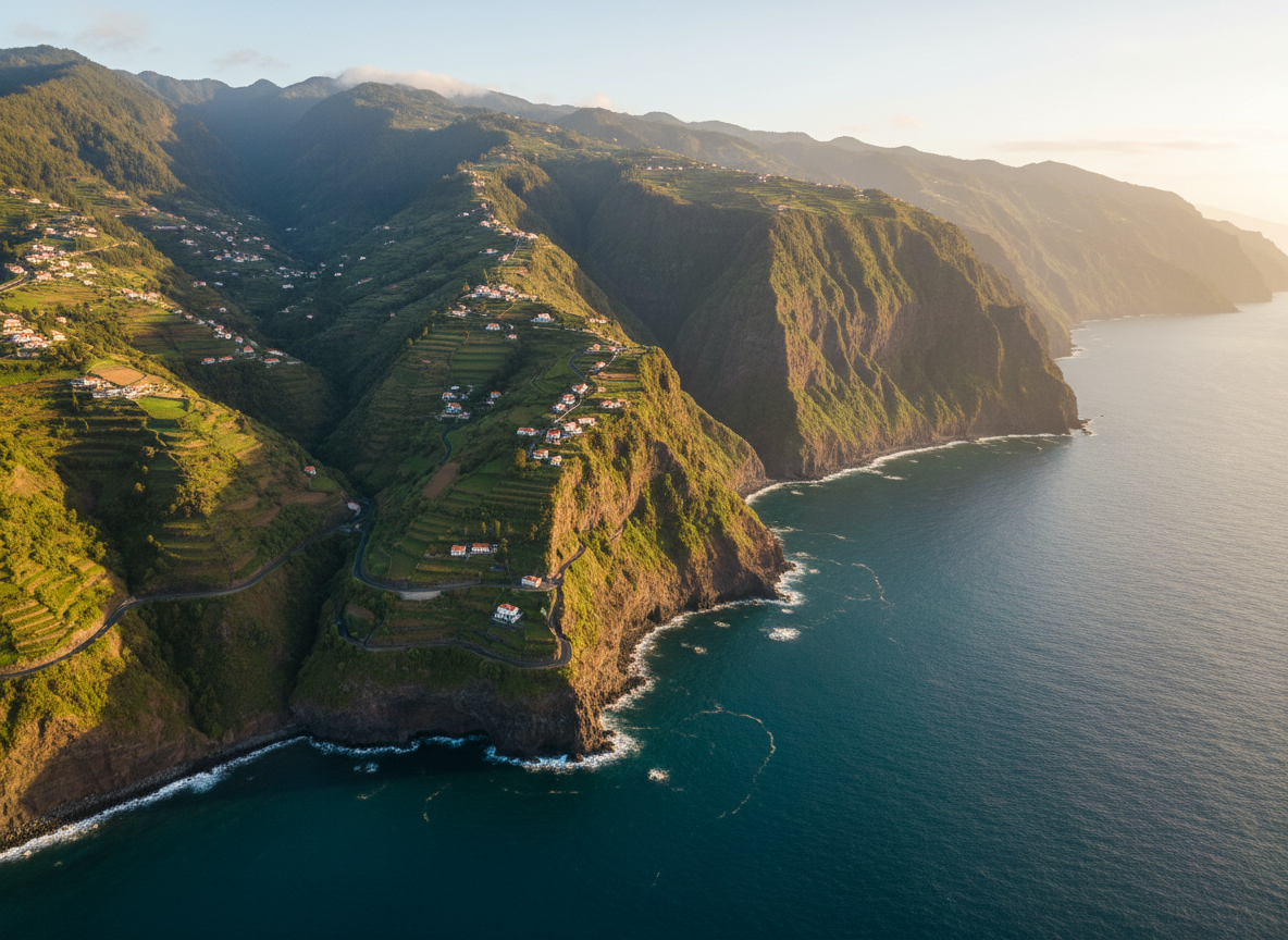 A sweeping aerial photographic view of Madeira’s dramatic coastline, with rugged emerald cliffs plunging into the deep turquoise Atlantic Ocean. Terraced vineyards and patchwork green fields cling to the slopes, intersected by winding coastal roads and small white-walled houses with red-tiled roofs seen only as tiny geometric accents. Shot in warm late-afternoon golden hour light, the sun creates crisp highlights on the water’s gentle waves and soft shadows across the cliffs, emphasizing their texture. The atmosphere is serene yet adventurous, with mist drifting subtly over distant peaks. Composed with a wide-angle lens and sharp focus throughout, following the rule of thirds to balance ocean and land, in clean, high-resolution photographic realism that feels professional and aspirational for premium travel planning.