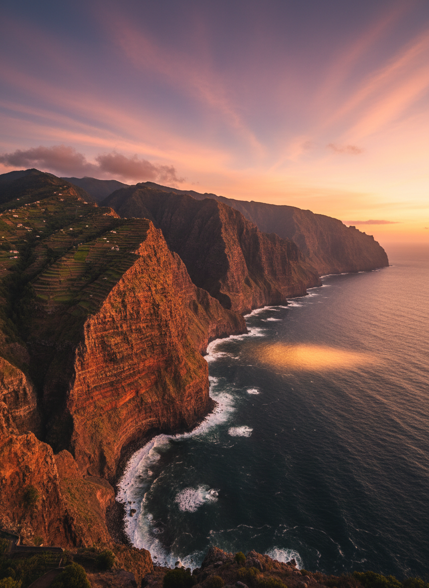 A dramatic sunset photographic panorama of Cabo Girão’s towering sea cliffs on Madeira, viewed from a distance to emphasize their immense height. Sheer vertical rock faces in warm, earthy tones drop directly into the darkening Atlantic, where waves crash in white spray along the base. Terraced fields and small cultivated patches cling improbably to the upper slopes, adding geometric texture to the rugged landscape. The setting sun paints the sky in gradients of amber, coral, and violet, casting long shadows that accentuate every ridge and crevice of the cliffs. The ocean glows with a reflective band of gold near the horizon. Captured with a wide-angle lens and sharp focus throughout, the composition is cinematic and powerful, conveying awe, grandeur, and the wild beauty of Madeira in a polished, professional travel aesthetic.
