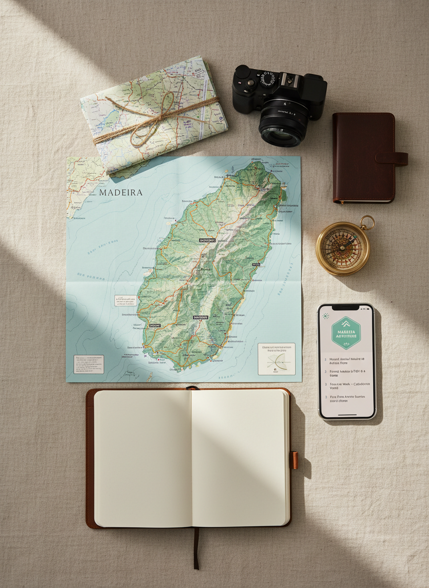 A meticulously arranged flat-lay of premium Madeira travel essentials on a smooth, light sand-colored linen surface. A detailed unfolded topographic map of Madeira island sits centrally, showing mountain ridges, coastal roads, and key towns in subtle greens and blues. Around it lie a modern mirrorless camera, a leather-bound travel notebook opened to a blank page, a brass compass, a pair of folded hiking trail maps, and a sleek smartphone displaying a stylized Madeira itinerary screen. Soft, diffused natural window light from the left casts gentle shadows and brings out textures in paper, metal, and leather. The mood is organized, professional, and inspiring, suggesting “everything you need in one place.” Captured from directly overhead with crisp photographic realism and a minimalist, clutter-free composition that feels clean and trustworthy.