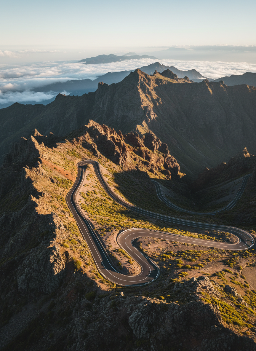 A high-contrast photographic view of the winding mountain road to Pico do Arieiro in Madeira, with no vehicles or people, emphasizing pure landscape and infrastructure. The smooth asphalt road snakes sharply through rugged volcanic terrain, marked with bright white edge lines and guardrails that glint softly in the sunlight. Jagged peaks with reddish-brown and dark gray rock formations rise on either side, dotted with low alpine vegetation in muted greens and golds. Early morning light from the right creates long, crisp shadows that carve depth into the landscape, while a sea of clouds blankets the distant lower valleys. Shot from an elevated vantage point, the composition uses the road as a striking leading line into the dramatic scenery, conveying adventure, accessibility, and professional route planning on a travel site.