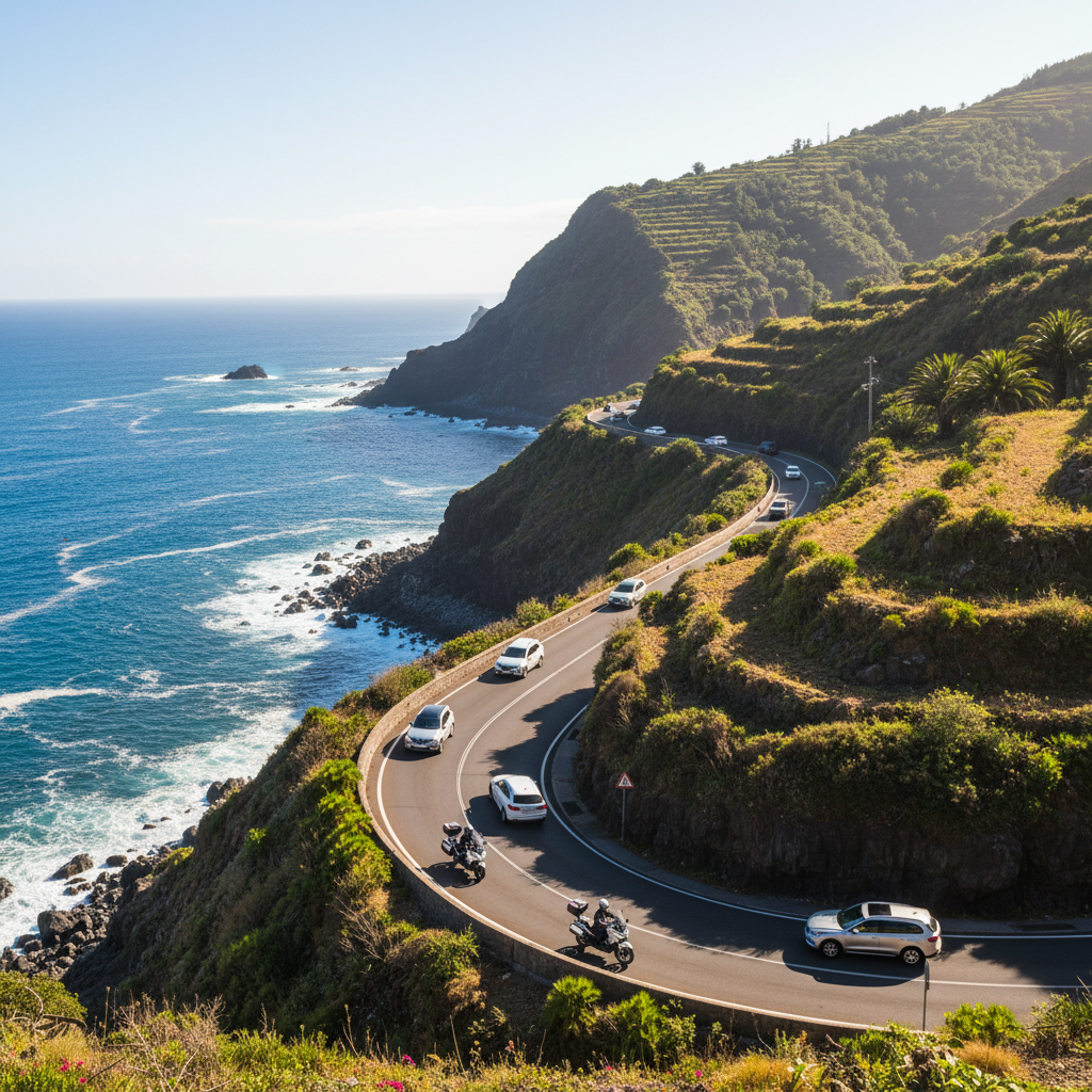 Fotografia real da ilha da Madeira vista de cima com foco em uma estrada costeira sinuosa, carros de aluguer e motas de aluguer em destaque, ambiente de férias ensolarado, sem texto na imagem.