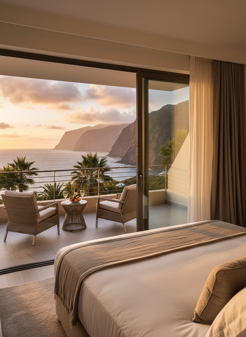 Imagem provisória alusiva a estadias na ilha da Madeira: alojamento confortável com vista para o mar e montanhas, luz de fim de tarde, ambiente de férias relaxante, sem texto na imagem.
