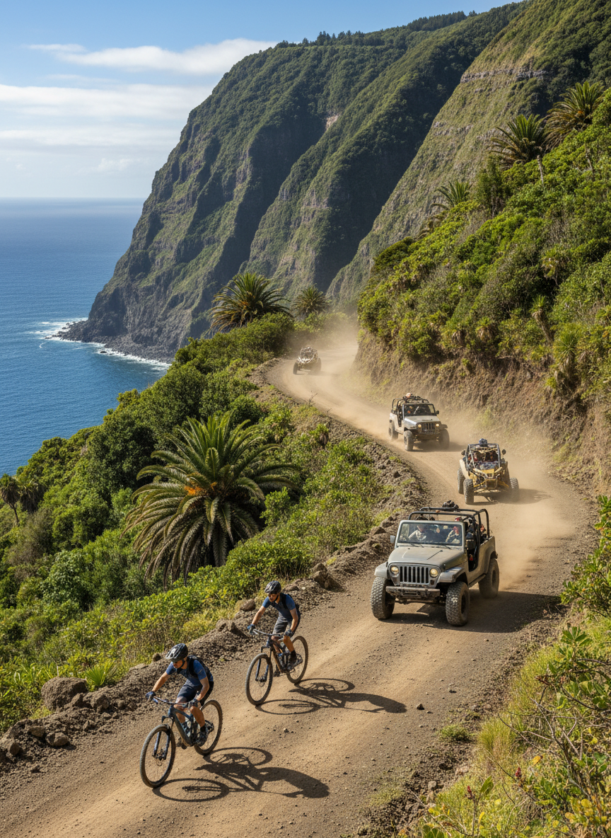 Adventure experiences in Madeira Island: a dynamic scene with mountain bikes, jeeps and buggies on scenic coastal and mountain roads, lush green cliffs and ocean in the background, bright daylight, modern travel photography, no text on the image.