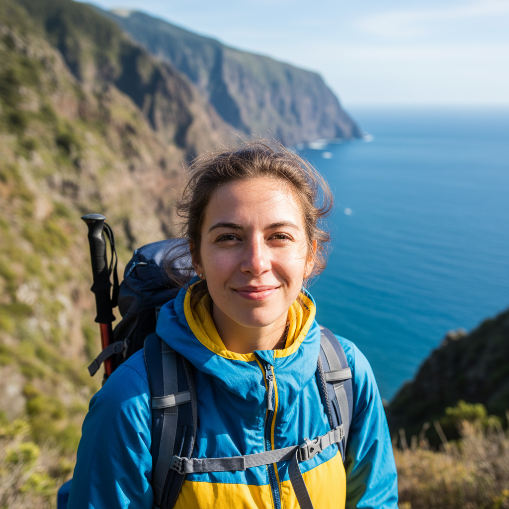 Square avatar photo of a happy traveler in Madeira Island after an adventure experience, medium close-up, person with windbreaker and backpack, soft smile, cliffs and ocean slightly blurred in the background, bright natural light, modern travel photography, no text on the image.